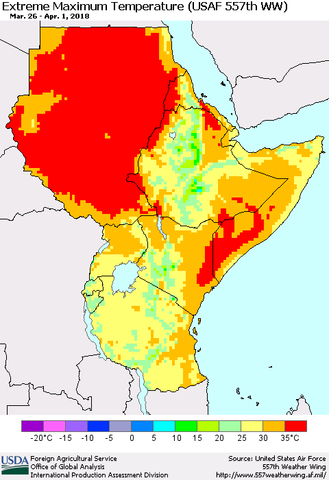 Eastern Africa Maximum Daily Temperature (USAF 557th WW) Thematic Map For 3/26/2018 - 4/1/2018