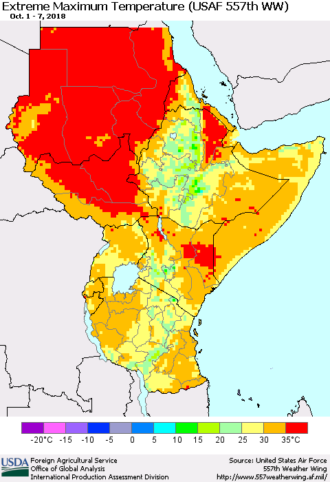 Eastern Africa Maximum Daily Temperature (USAF 557th WW) Thematic Map For 10/1/2018 - 10/7/2018