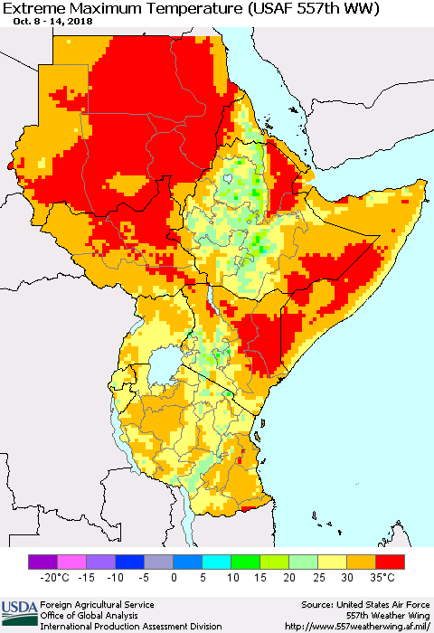 Eastern Africa Maximum Daily Temperature (USAF 557th WW) Thematic Map For 10/8/2018 - 10/14/2018