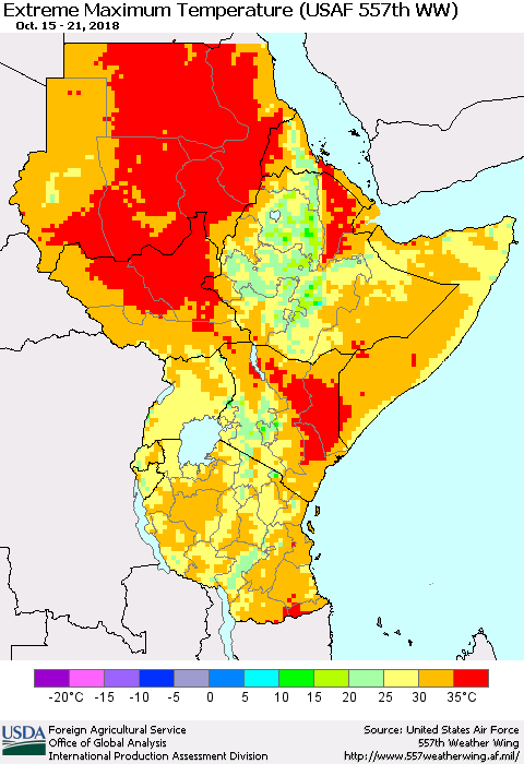 Eastern Africa Maximum Daily Temperature (USAF 557th WW) Thematic Map For 10/15/2018 - 10/21/2018
