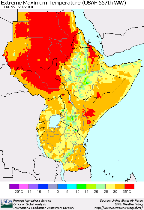 Eastern Africa Maximum Daily Temperature (USAF 557th WW) Thematic Map For 10/22/2018 - 10/28/2018