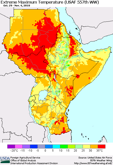 Eastern Africa Maximum Daily Temperature (USAF 557th WW) Thematic Map For 10/29/2018 - 11/4/2018