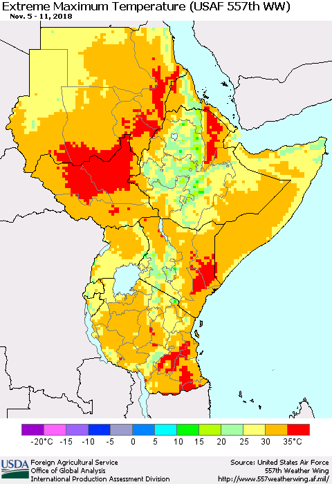 Eastern Africa Maximum Daily Temperature (USAF 557th WW) Thematic Map For 11/5/2018 - 11/11/2018