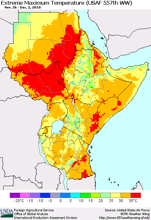 Eastern Africa Maximum Daily Temperature (USAF 557th WW) Thematic Map For 11/26/2018 - 12/2/2018