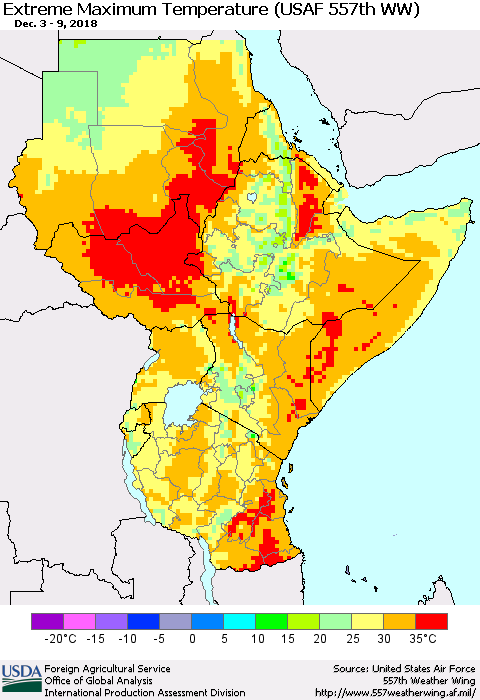 Eastern Africa Maximum Daily Temperature (USAF 557th WW) Thematic Map For 12/3/2018 - 12/9/2018