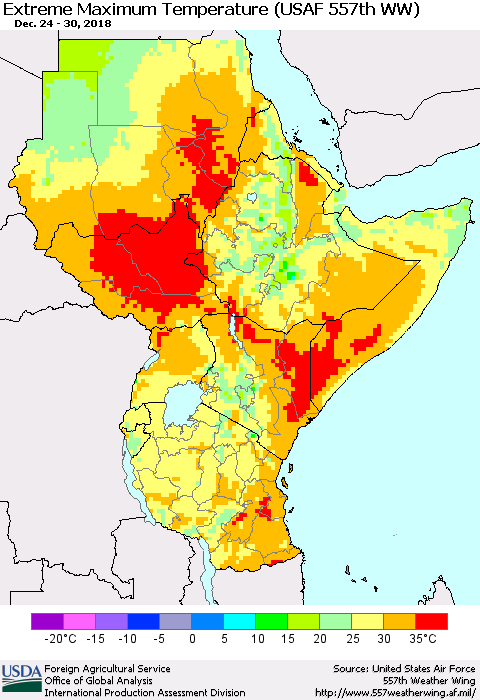 Eastern Africa Maximum Daily Temperature (USAF 557th WW) Thematic Map For 12/24/2018 - 12/30/2018