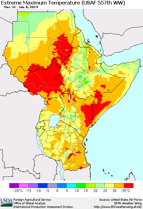 Eastern Africa Maximum Daily Temperature (USAF 557th WW) Thematic Map For 12/31/2018 - 1/6/2019