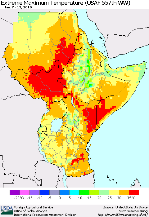 Eastern Africa Maximum Daily Temperature (USAF 557th WW) Thematic Map For 1/7/2019 - 1/13/2019