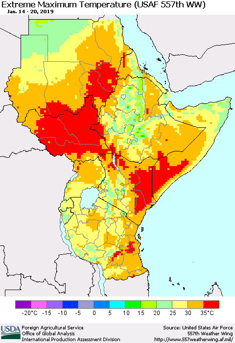 Eastern Africa Maximum Daily Temperature (USAF 557th WW) Thematic Map For 1/14/2019 - 1/20/2019