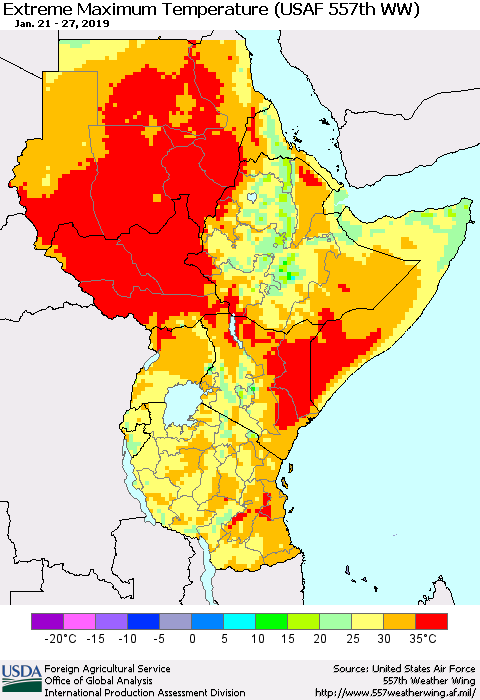 Eastern Africa Maximum Daily Temperature (USAF 557th WW) Thematic Map For 1/21/2019 - 1/27/2019
