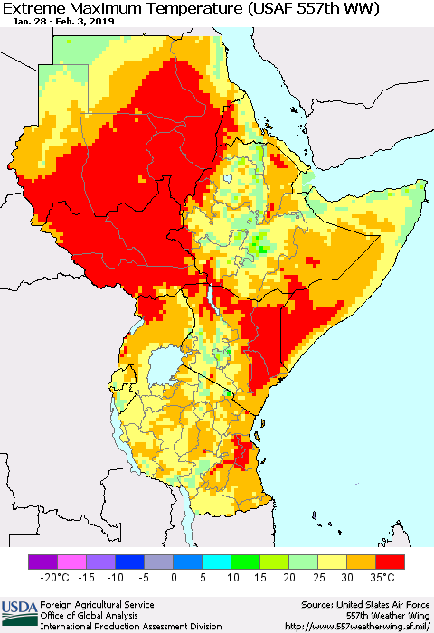 Eastern Africa Maximum Daily Temperature (USAF 557th WW) Thematic Map For 1/28/2019 - 2/3/2019