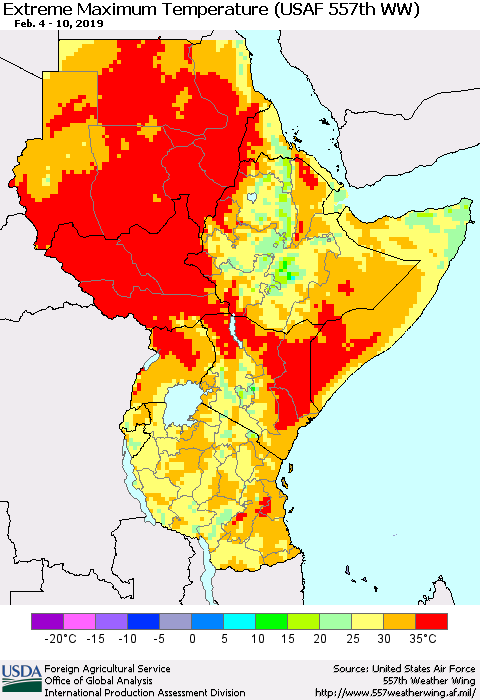Eastern Africa Maximum Daily Temperature (USAF 557th WW) Thematic Map For 2/4/2019 - 2/10/2019