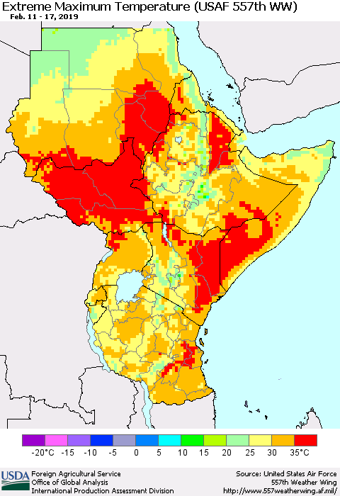 Eastern Africa Maximum Daily Temperature (USAF 557th WW) Thematic Map For 2/11/2019 - 2/17/2019