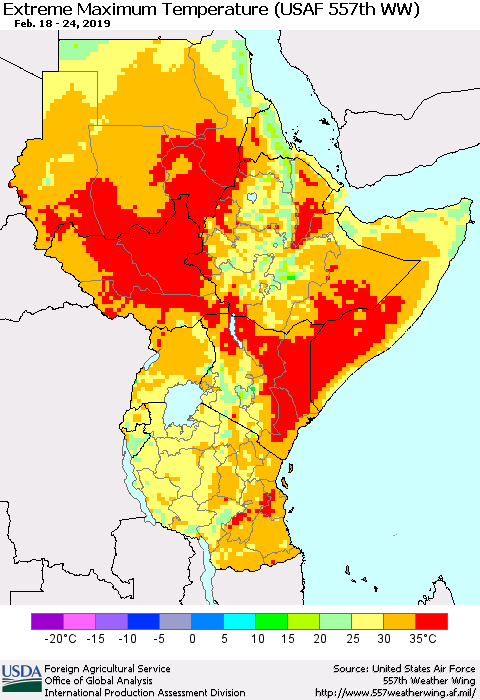 Eastern Africa Maximum Daily Temperature (USAF 557th WW) Thematic Map For 2/18/2019 - 2/24/2019