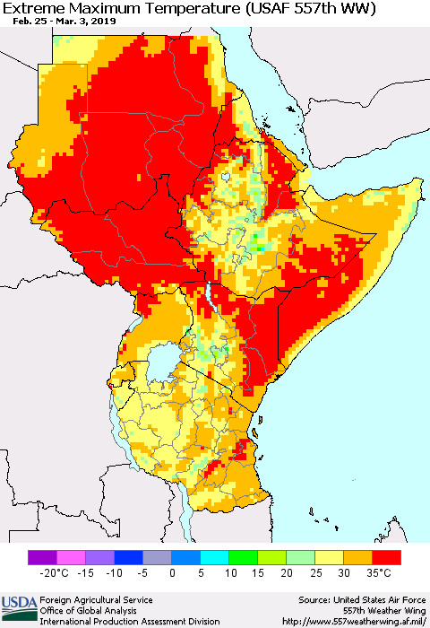 Eastern Africa Maximum Daily Temperature (USAF 557th WW) Thematic Map For 2/25/2019 - 3/3/2019