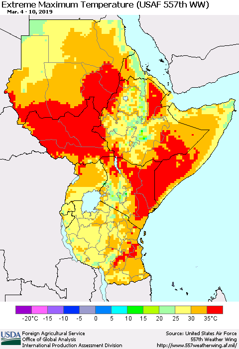 Eastern Africa Maximum Daily Temperature (USAF 557th WW) Thematic Map For 3/4/2019 - 3/10/2019