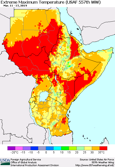 Eastern Africa Maximum Daily Temperature (USAF 557th WW) Thematic Map For 3/11/2019 - 3/17/2019