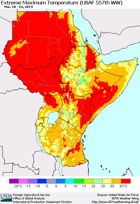 Eastern Africa Maximum Daily Temperature (USAF 557th WW) Thematic Map For 3/18/2019 - 3/24/2019