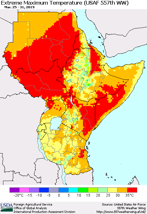 Eastern Africa Maximum Daily Temperature (USAF 557th WW) Thematic Map For 3/25/2019 - 3/31/2019