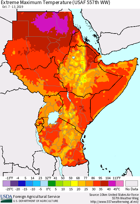 Eastern Africa Extreme Maximum Temperature (USAF 557th WW) Thematic Map For 10/7/2019 - 10/13/2019