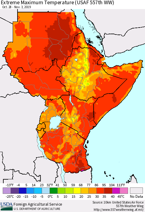 Eastern Africa Extreme Maximum Temperature (USAF 557th WW) Thematic Map For 10/28/2019 - 11/3/2019