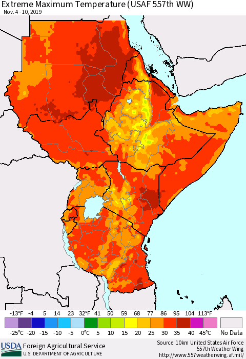 Eastern Africa Extreme Maximum Temperature (USAF 557th WW) Thematic Map For 11/4/2019 - 11/10/2019