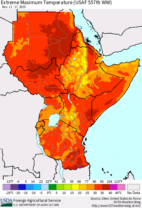 Eastern Africa Extreme Maximum Temperature (USAF 557th WW) Thematic Map For 11/11/2019 - 11/17/2019