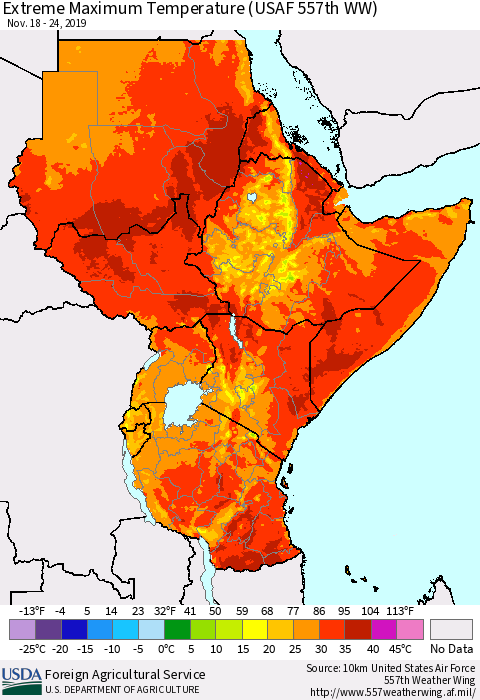 Eastern Africa Maximum Daily Temperature (USAF 557th WW) Thematic Map For 11/18/2019 - 11/24/2019
