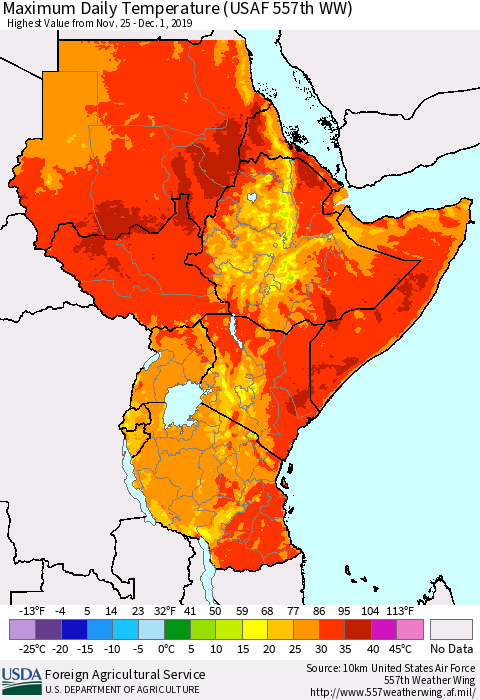 Eastern Africa Extreme Maximum Temperature (USAF 557th WW) Thematic Map For 11/25/2019 - 12/1/2019