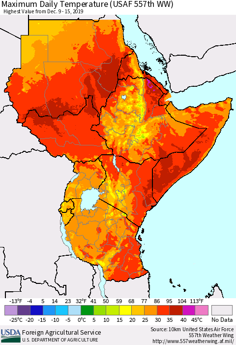 Eastern Africa Extreme Maximum Temperature (USAF 557th WW) Thematic Map For 12/9/2019 - 12/15/2019