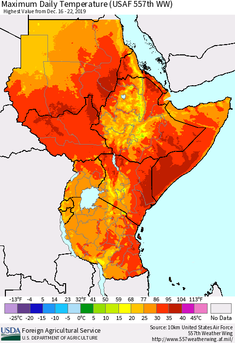 Eastern Africa Extreme Maximum Temperature (USAF 557th WW) Thematic Map For 12/16/2019 - 12/22/2019