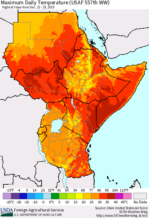 Eastern Africa Maximum Daily Temperature (USAF 557th WW) Thematic Map For 12/23/2019 - 12/29/2019