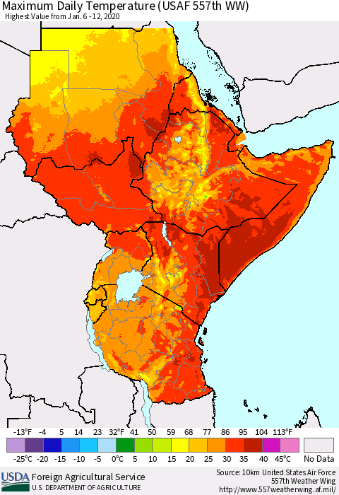 Eastern Africa Maximum Daily Temperature (USAF 557th WW) Thematic Map For 1/6/2020 - 1/12/2020