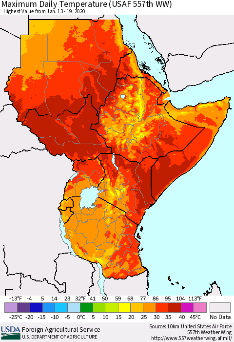 Eastern Africa Extreme Maximum Temperature (USAF 557th WW) Thematic Map For 1/13/2020 - 1/19/2020