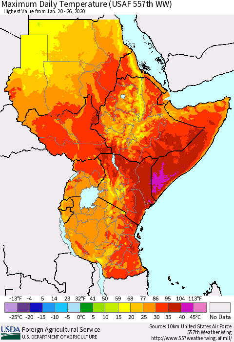 Eastern Africa Extreme Maximum Temperature (USAF 557th WW) Thematic Map For 1/20/2020 - 1/26/2020