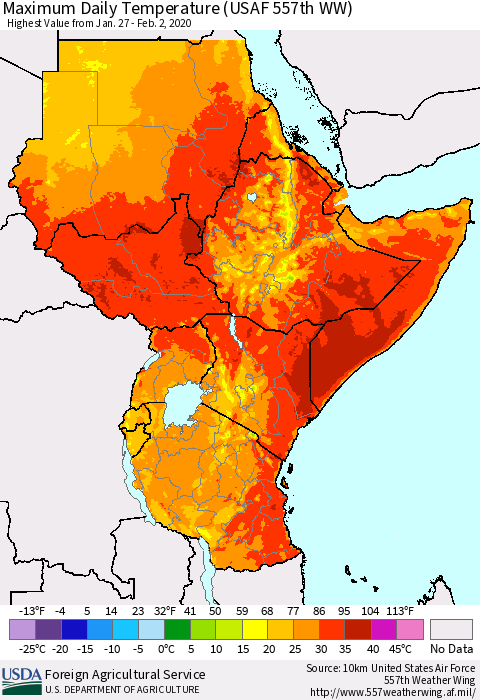Eastern Africa Extreme Maximum Temperature (USAF 557th WW) Thematic Map For 1/27/2020 - 2/2/2020