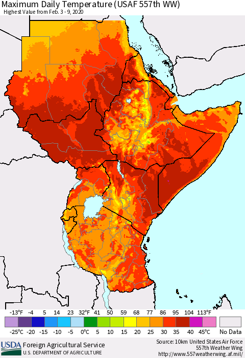 Eastern Africa Maximum Daily Temperature (USAF 557th WW) Thematic Map For 2/3/2020 - 2/9/2020