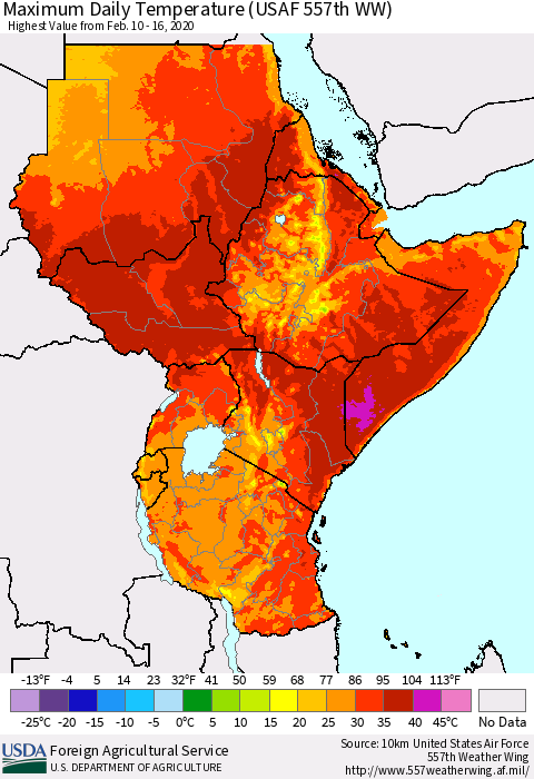 Eastern Africa Extreme Maximum Temperature (USAF 557th WW) Thematic Map For 2/10/2020 - 2/16/2020