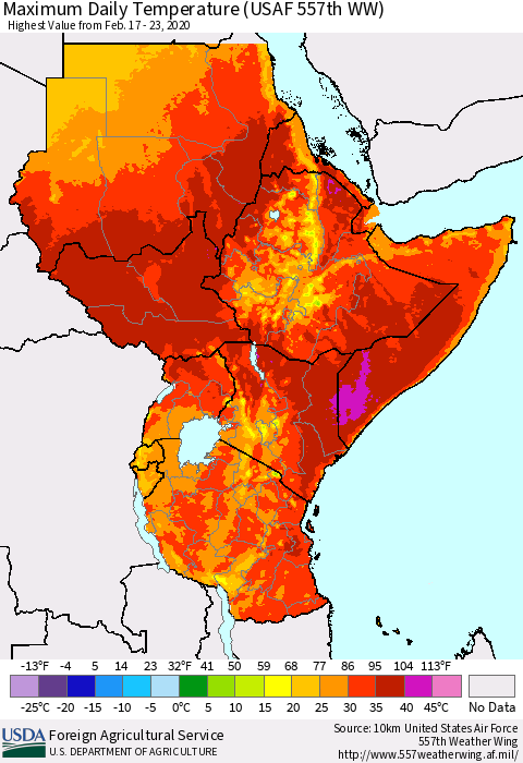 Eastern Africa Extreme Maximum Temperature (USAF 557th WW) Thematic Map For 2/17/2020 - 2/23/2020