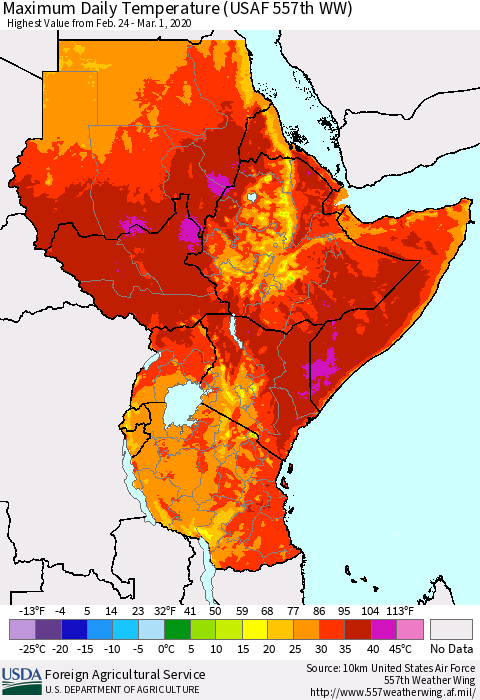 Eastern Africa Extreme Maximum Temperature (USAF 557th WW) Thematic Map For 2/24/2020 - 3/1/2020