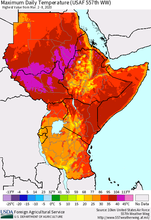 Eastern Africa Maximum Daily Temperature (USAF 557th WW) Thematic Map For 3/2/2020 - 3/8/2020