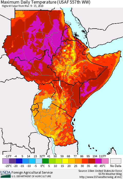 Eastern Africa Extreme Maximum Temperature (USAF 557th WW) Thematic Map For 3/9/2020 - 3/15/2020