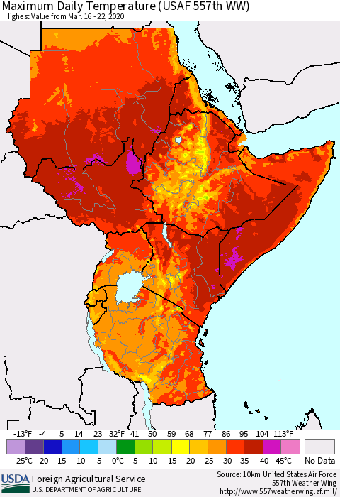 Eastern Africa Maximum Daily Temperature (USAF 557th WW) Thematic Map For 3/16/2020 - 3/22/2020