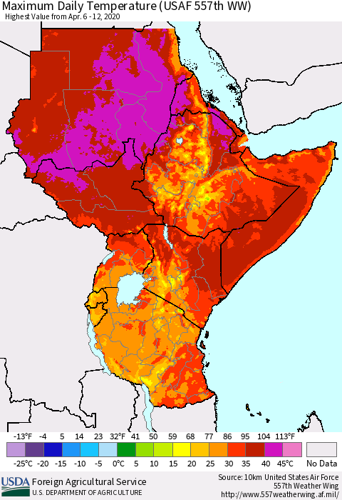 Eastern Africa Maximum Daily Temperature (USAF 557th WW) Thematic Map For 4/6/2020 - 4/12/2020