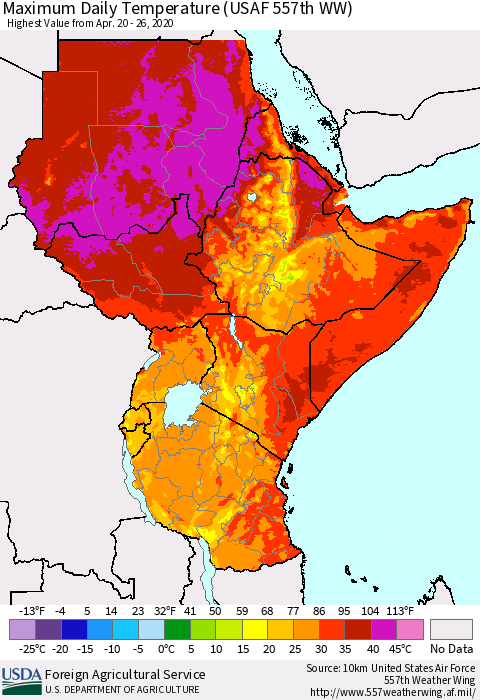 Eastern Africa Maximum Daily Temperature (USAF 557th WW) Thematic Map For 4/20/2020 - 4/26/2020
