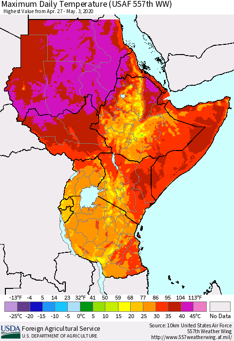 Eastern Africa Maximum Daily Temperature (USAF 557th WW) Thematic Map For 4/27/2020 - 5/3/2020