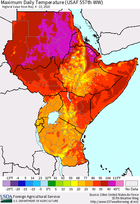 Eastern Africa Maximum Daily Temperature (USAF 557th WW) Thematic Map For 5/4/2020 - 5/10/2020