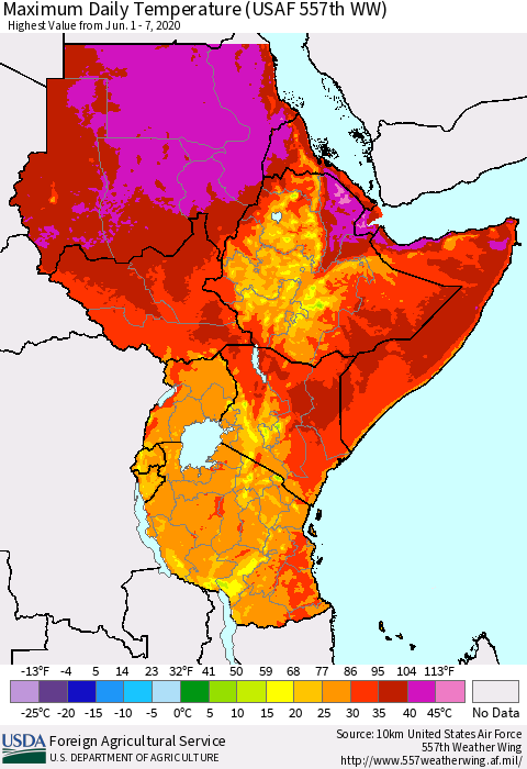Eastern Africa Maximum Daily Temperature (USAF 557th WW) Thematic Map For 6/1/2020 - 6/7/2020
