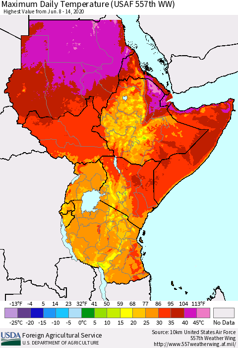 Eastern Africa Maximum Daily Temperature (USAF 557th WW) Thematic Map For 6/8/2020 - 6/14/2020