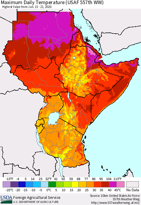Eastern Africa Maximum Daily Temperature (USAF 557th WW) Thematic Map For 6/15/2020 - 6/21/2020